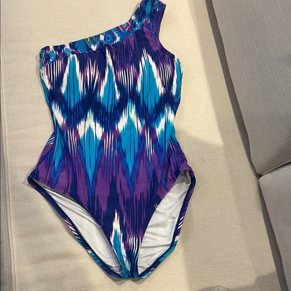 Kenneth Cole Blue and Purple One Shoulder One Piece Swimsuit size Medium - Picture 1 of 7